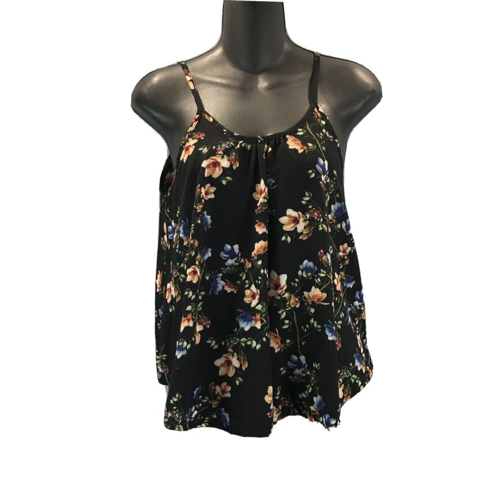 Ezra Crepe Floral Spaghetti Strap Feminine Flowy Black Tank Top Size S